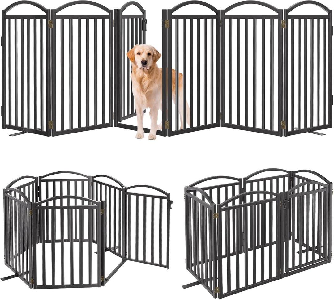 Malier Metal Freestanding Dog Gates with Door, 32'' Height Outdoor Indoor Dog Fences, Extra Wide Foldable Puppy Gate for Stairs (Black, 6 Panels with Door 120''W  32''H)