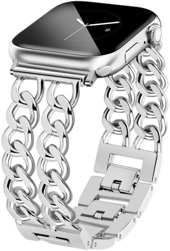 JR.DM Silver Watch Bands for Women Compatible with Apple Watch Band 38mm 40mm 41mm 42mm (S10) Adjustable Metal Band Cowboy Steel Chain Bracelet for iWatch Series1/2/3/4/5/6/7/8/9/10/SE (No Case)