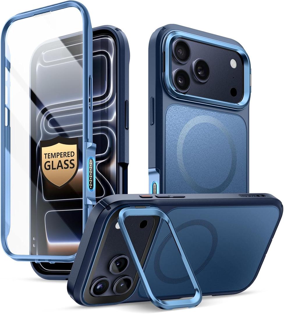 i-Blason for iPhone 17 Pro Max Case MagSafe with Stand [9H+ Tempered Glass Screen Protector] [Camera Control Button Cover] Military-Grade Protection Full-Body Heavy Duty Magnetic Case, Blue