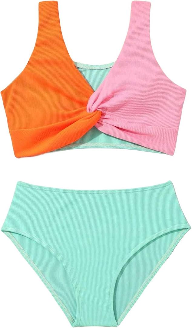 J.E Sterguard Two Piece Swimsuits Teen Bikini Color Block Girls' Swimwear Ribbed Swimsuits Size 8-16 (Pink, S)