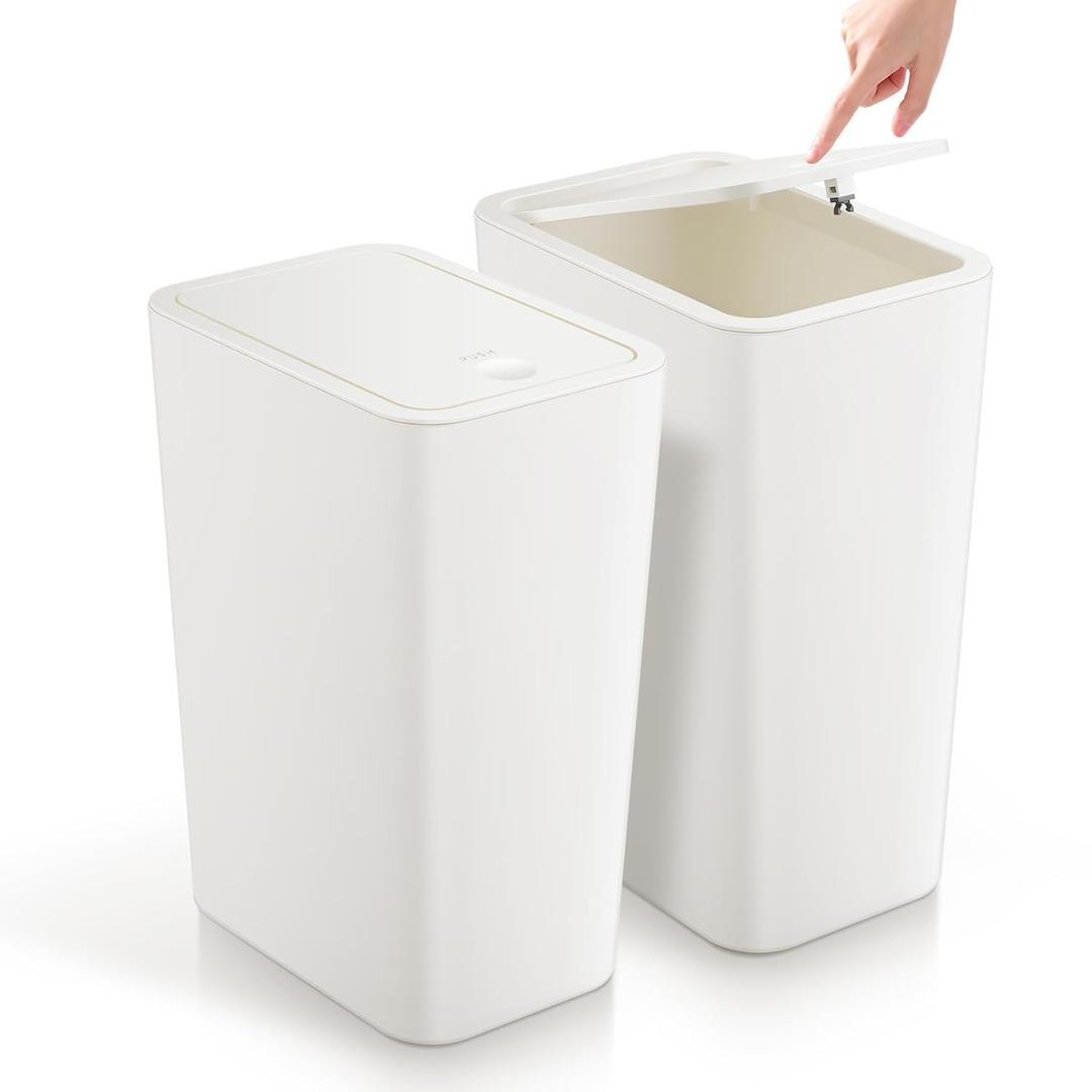 TIPGO Bathroom Trash Can with Lid, 4 Gallon / 15 Liter Small Garbage Can, Press Top Bin, Plastic Wastebasket with Pop-Up Lid for Bedroom, Living Room, Office (White, 2 Pack)