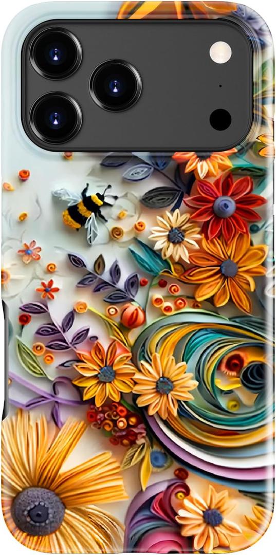 for iPhone 17 Pro Case - Wireless Charging Compatible - Dual-Layer Hard Shell + Silicone Cover - Shockproof Protective Phone Case with Trendy Designs for Women - Flower and Bee