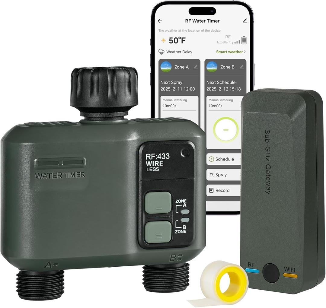 WiFi Water Timer for Garden Hose, Sprinkler Timer 2 Zone, 984ft RF Range, Smart Lawn Watering System with WiFi Irrigation Controller, APP/Voice Control, Automatic Irrigation/Rain Delay/Manual Watering WiFi Water Timer for Garden Hose, Sprinkler Timer 2 Zone, 984ft RF Range, Smart Lawn Watering System with WiFi Irrigation Controller, APP/Voice Control, Automatic Irrigation/Rain Delay/Manual Watering