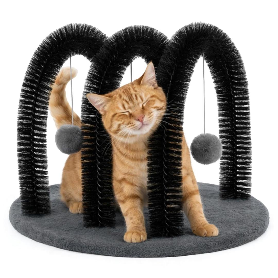 Sadnyy Large Cat Self Groomer with 3 Brushes, Kitty Arch Grooming Brush with Heavy Plush Base and 3 Plush Balls, Cat Facial Scratcher Massager for Indoor Outdoor Kitten Small Dog Pet(Gray)