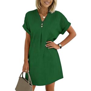 Summer Dresses for Women 2026 Short Sleeve Shift Dress V Neck Casual Mini Beach Vacation Sundress Loose Size (Green, L)