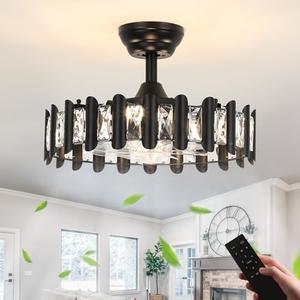 Crystal Ceiling Fan with Light and Remote, 18" Caged Ceiling Fan with Lights, Modern Industrial Black Ceiling Fans with Lights for Bedroom, Living Room, Dinning Room(6 Speeds and Reversible)