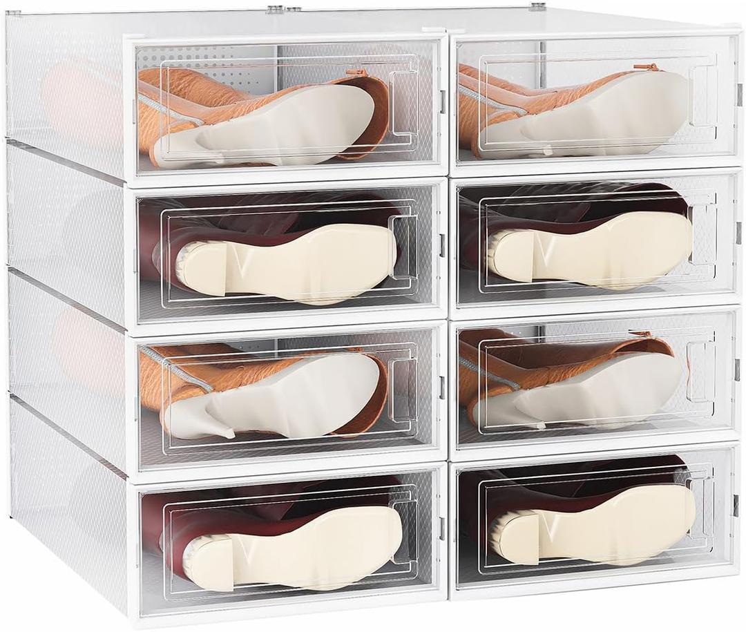 WAYTRIM Stackable Boots Storage Box, 8 Pack Foldable Boots Box Organizer and Storage Box Clear Plastic Storage Bins Shoe Container Drop Front Shoe Drawers, White