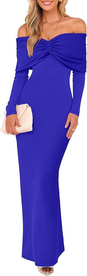Caracilia Womens Off the Shoulder Bodycon Maxi Dress Fall Sexy Elegant Long Sleeve Ruched Club Party Formal Cocktail Dresses Navy Blue, Medium