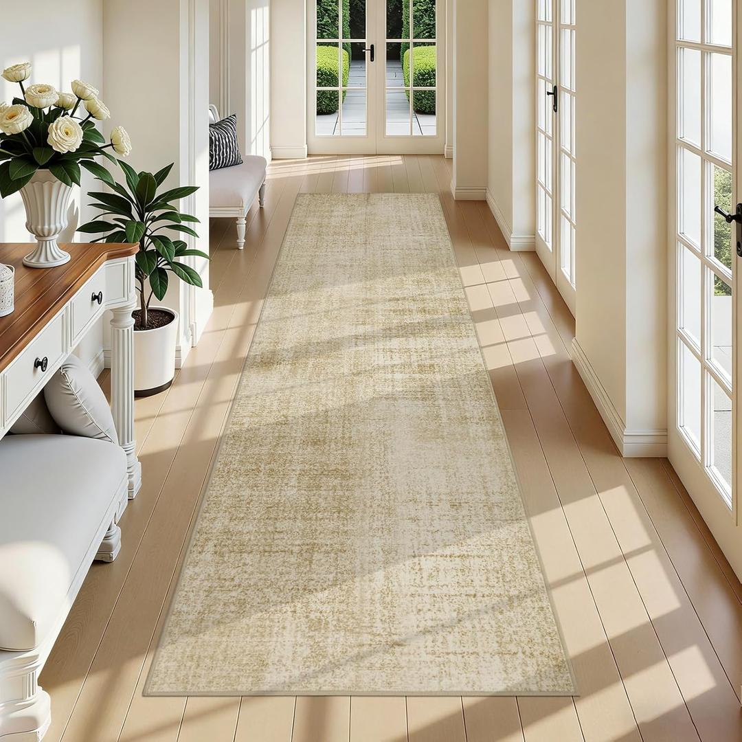 Joydeco 2x8 Hallway Runner Rug, Non Slip Machine Washable Vintage Rug, Low Pile Chenille Print Rugs for Entryway, Bedroom, Dining Room, Kitchen and Corridor,Beige