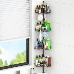HuggieGems Adjustable Corner Shower Caddy Organizer Rack Shelves, Bathroom Shelf Storage, 4 Tier, Black, 2 Ways of Installation