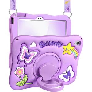 Kidcube for iPad 10th Generation Case 10.9 Inch 2022, for iPad A16 Case 11th Generation 2025 - Girls Cute Kawaii Girly 3D Purple Butterfly Design Cover with Rotating Stand & Strap Unique Silicone