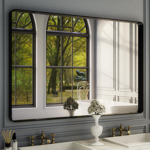 ISKM Black Framed Mirror for Bathroom 60" x 40" Matte Black Bathroom Vanity Mirror Anti-Rust, Tempered Glass, Rounded Rectangle Mirror(Horizontal/Vertical)