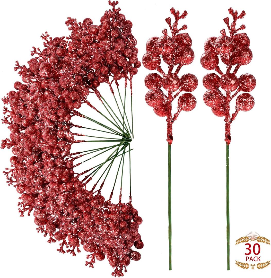 Sggvecsy 30Pcs Christmas Glitter Berries Stems Artificial Red Berry Branches Holly Picks Stems Christmas Tree Ornaments for DIY Xmas Wreath Crafts Gifts Holiday Home Decor (Red)
