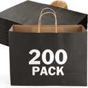 XPCARE 200Pack Large Paper Gift Bags with Handles Bulk,16x6x12 Inch Plain Natural Kraft Bag Packaging Black Paper Bags for Birthday Party Boutiques Business Retail Stores Merchandise