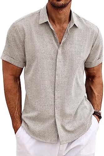 COOFANDY Men's Linen Shirts Short Sleeve Casual Shirts Button Down Shirt for Men Beach Summer Wedding Shirt Size XL
