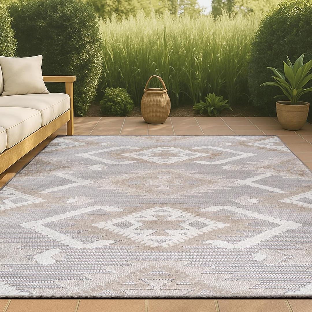 JONATHAN Y SBH107A-8 Sumak High-Low Pile Neutral Diamond Kilim Indoor Outdoor Area Rug Bohemian Geometric Easy Cleaning Bedroom Kitchen Backyard Patio Non Shedding, 8 ft x 10 ft, Beige/Gray