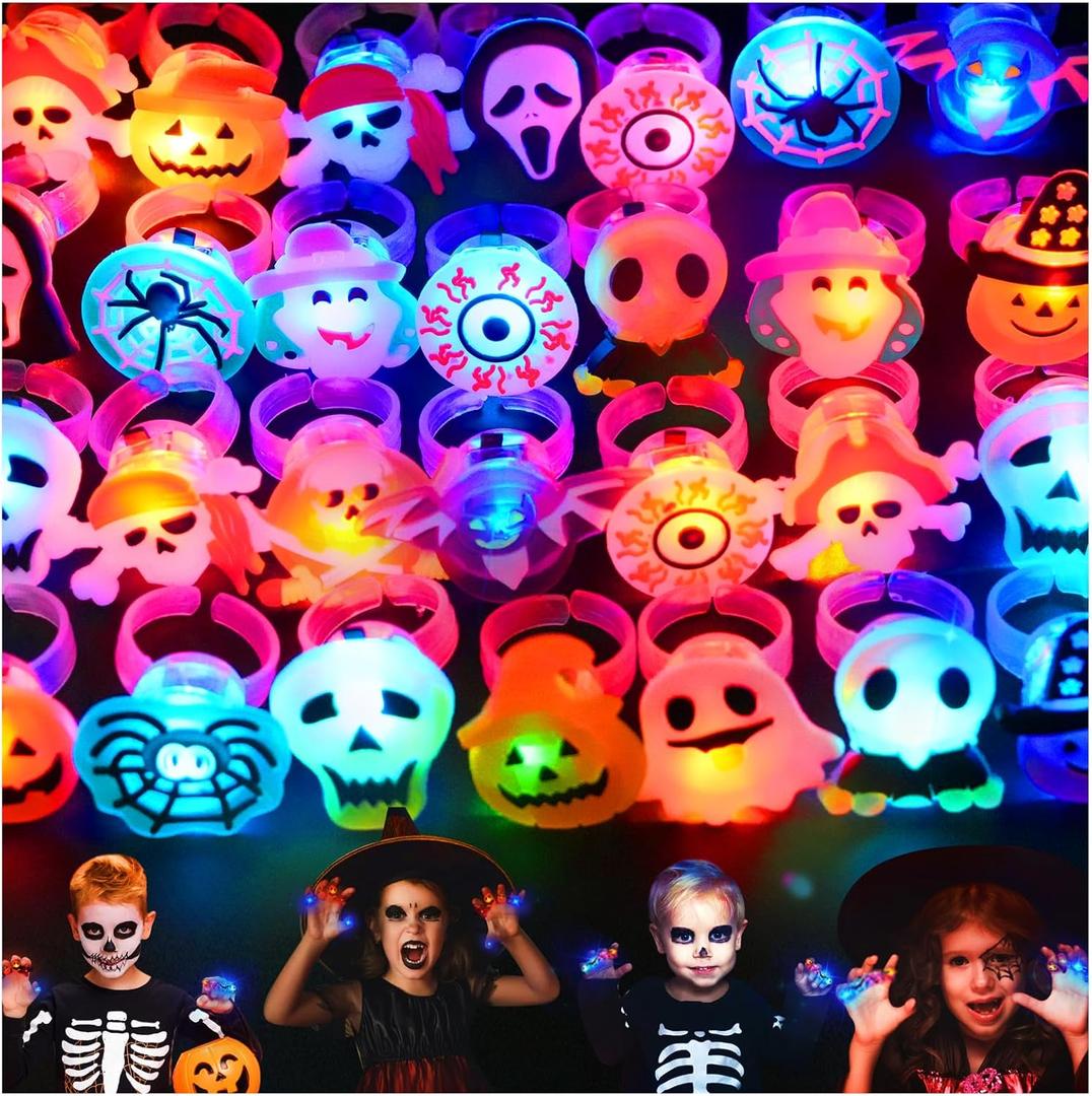 28PCS Halloween Light Up LED Rings, Non Candy Trick or Treats 3D Flashing Rings Toys Glow In the Dark Halloween Party Favor Ring Toy Gifts For Kids Adults Goodie Bag Stuffers