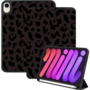 Compatible with iPad mini 7 Case(A17 Pro) 2024 iPad mini 6 Case 8.3 Inch 2021,Pencil Holder Soft Back Auto Sleep/Wake Cover Women Men Girls Cute-Black Leopard Cheetah (D1-Black Purple)