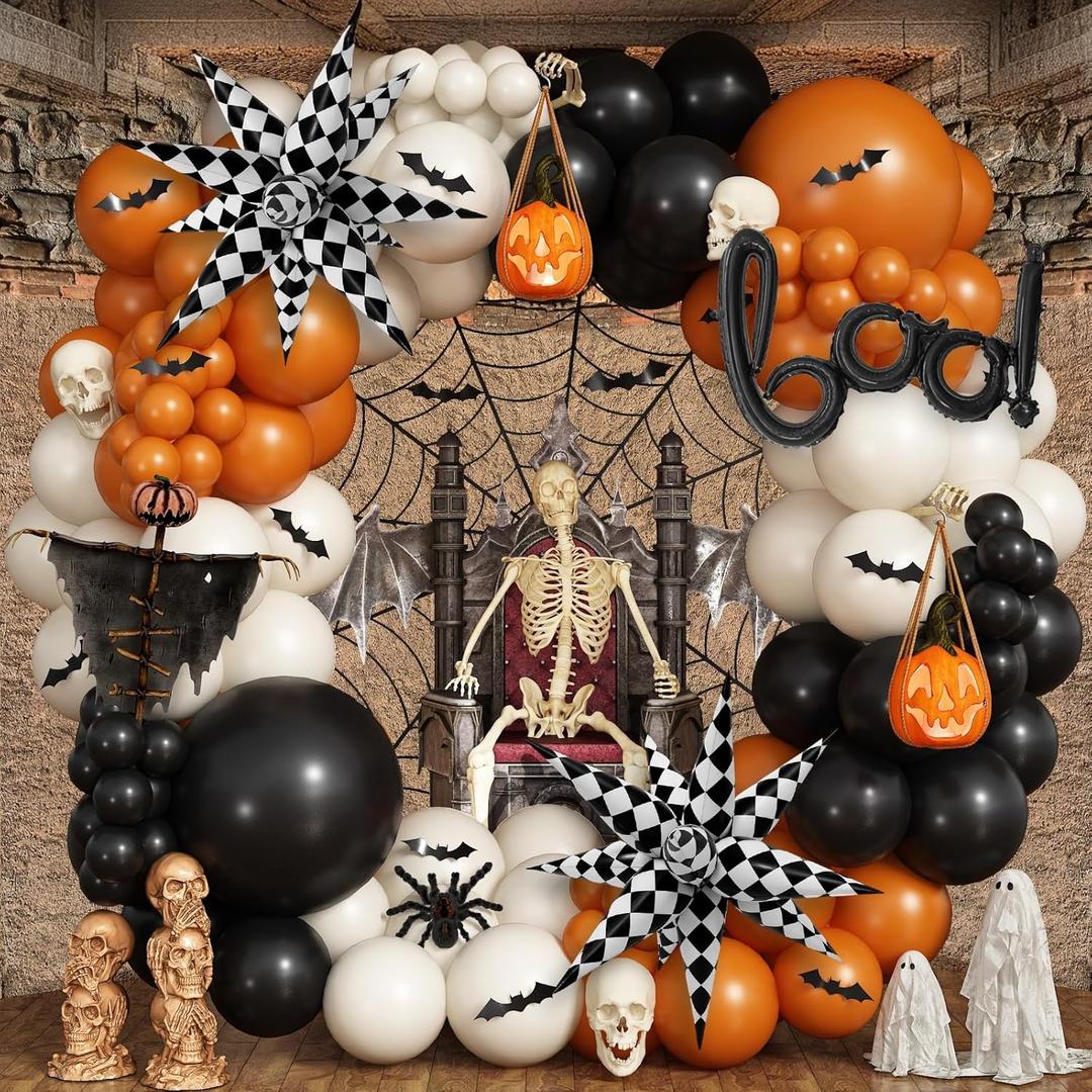 Halloween Balloon Arch Kit, Black Orange White Balloons with 26 Inch Foil BOO 22 Inch Checkered Explosion Star Balloons and 3d Bat Stickers, Black Burnt Orange Sand White Balloon for Halloween Decor