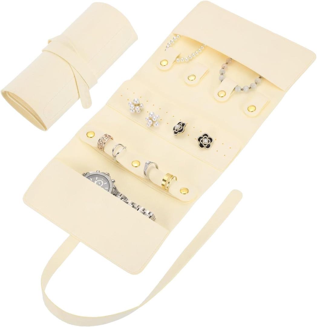 uxcell Travel Jewelry Bag Roll, Foldable Jewelry Travel Organizer with Tie Close Microfiber Jewelry Storage Roll Jewelry Case for Women Gift Necklaces Earrings Rings Bracelets, Beige