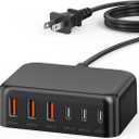 USB C Fast Charger, 100W GaN 6 Port Type C Charging Station Hub Block Cube, USB C Wall Charger Power Strip Adapter Plug for iPad iPhone 17 16 15 14 13 12 Pro Max Pixel Note Galaxy, 5ft Cord