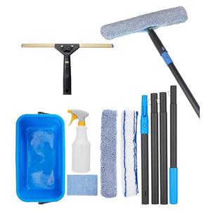 Window Cleaning Kit with Storage Bucket, Window Squeegee with 4.13ft Extension Pole, Scrubber, Spray Bottle,Duster Cloth, Squeegee with Rotating Head, Professional Window Cleaning Tools