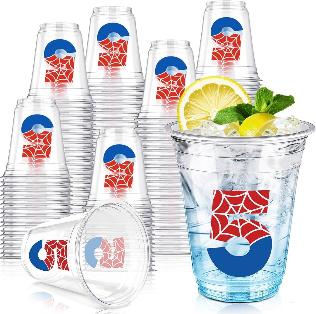 2 x Uiifan 50 Pcs Spider 5th Birthday Party Supplies 12 oz Spider Web Disposable Plastic Cups Cartoon Cups Cheers to 5 Fifth Red Blue Party Supplies 5 Year Old Friends Birthday Decoration, about 4 inches