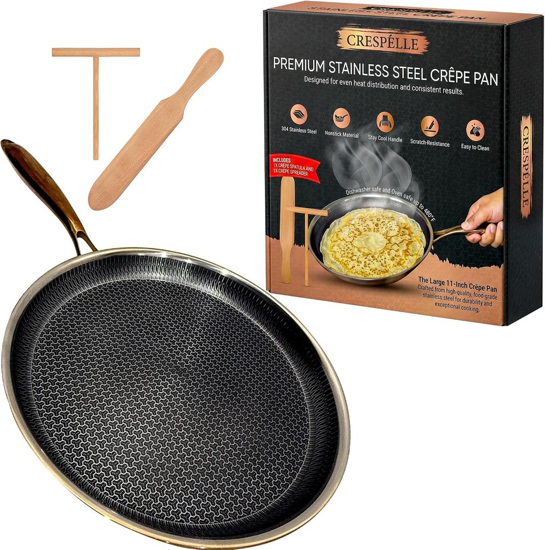 Crepe Pan 11 Inch - Comales Para Tortillas and Pancake Pan - Stainless Steel Crepe Pan Nonstick - Dosa Pan and Tortilla Pan - Flat Skillet for Roti Maker and Tawa
