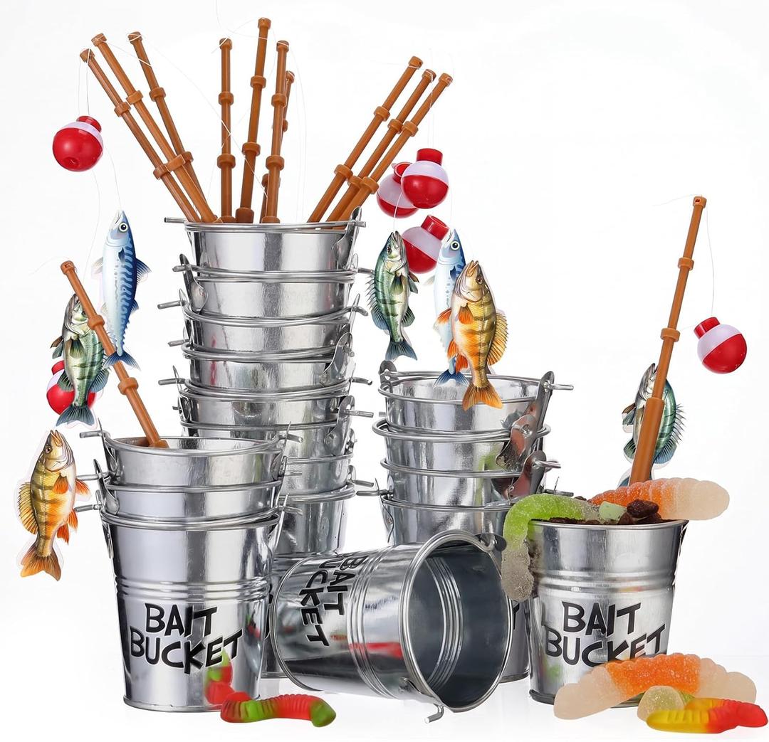 Soulchen 24 Pcs Mini Fishing Birthday Party Decorations Include 12 Fish Cupcake Pole Picks 12 Mini Tackle Bait Bucket 12 Bobber for Gone Fishing Theme Supplies Ocean Party Cake Decor