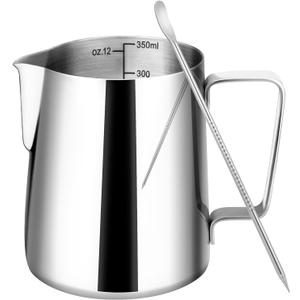 Milk Frothing Pitcher, 12oz Milk Frother Cup with Clear Scale, 304 Stainless Steel Cappuccino Espresso Machine Accessories for Barista Coffee Bar with Latte Art Pen, Silver
