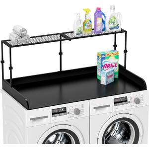 2-Tier Wooden Washer Dryer Countertop with Metal Storage Shelf, 54" x 27.55" Height Adjustable Washing Machine Topper Laundry Guards Laundry Table for Folding Clothes and Storage