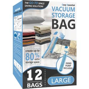 Cozy Essential Vacuum Storage Bags, 80% Compression Vacuum Seal Space Saver Plastic Packaging Bags for Clothes, Blankets, Pillow, Bedding, Comforters, Sealer Clothing Storage,12 Large