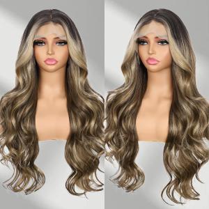 Brown mix Blonde Lace Front Wig for Women 13x4 Body Wave Synthetic Wigs Highlight Pre-plucked Long Wavy Wig 150% Density Heat Resistant Hair Replacement Wigs 26 Inch