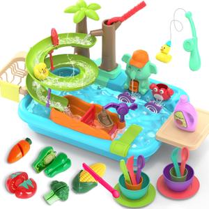 4-in-1 Play Kitchen Sink Toy Set with Running Water, Cutting Food Toys, Montessori Educational Pretend Play for Girls & Boys Ages 3+ (Blue)