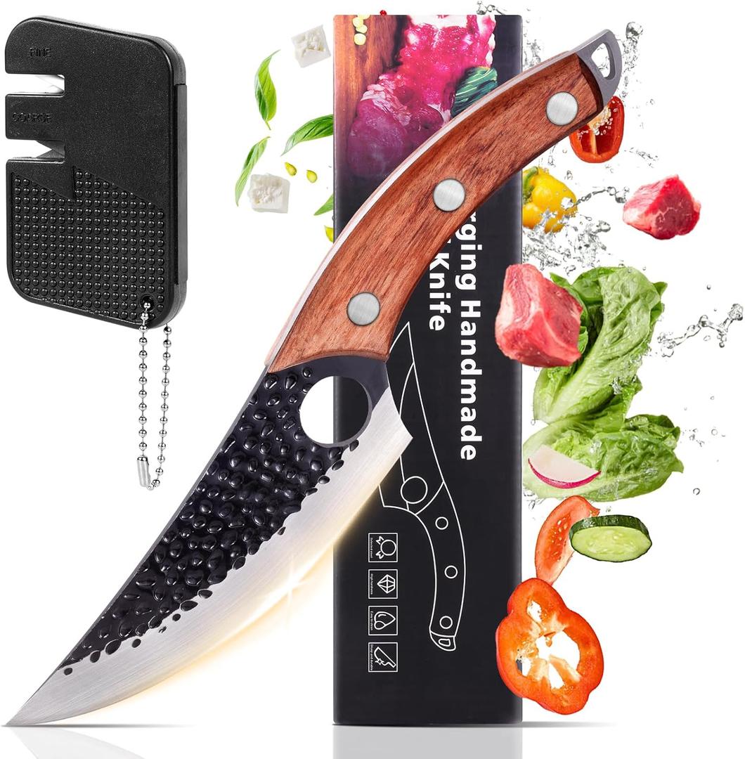 Chef Knife 11 Inch, Kitchen Knife for Boning, Cutting, and Chopping. Hand Forged Meat Cleaver, Deba Knife, Japanese Knife, and Kitchen Knives For Home, Outdoor Cooking, Camping BBQ (Yellow)