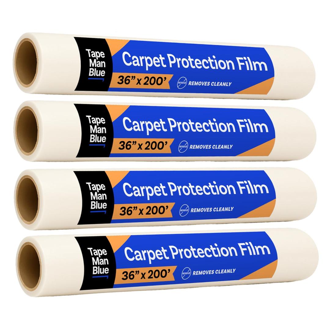 TapeManBlue Carpet Protection Film 36" x 200', 4 Rolls, Self Adhesive Plastic Carpet Protector Film with Clean Removal & Easy Unwind, Durable Protection Tape to Shield Your Surface