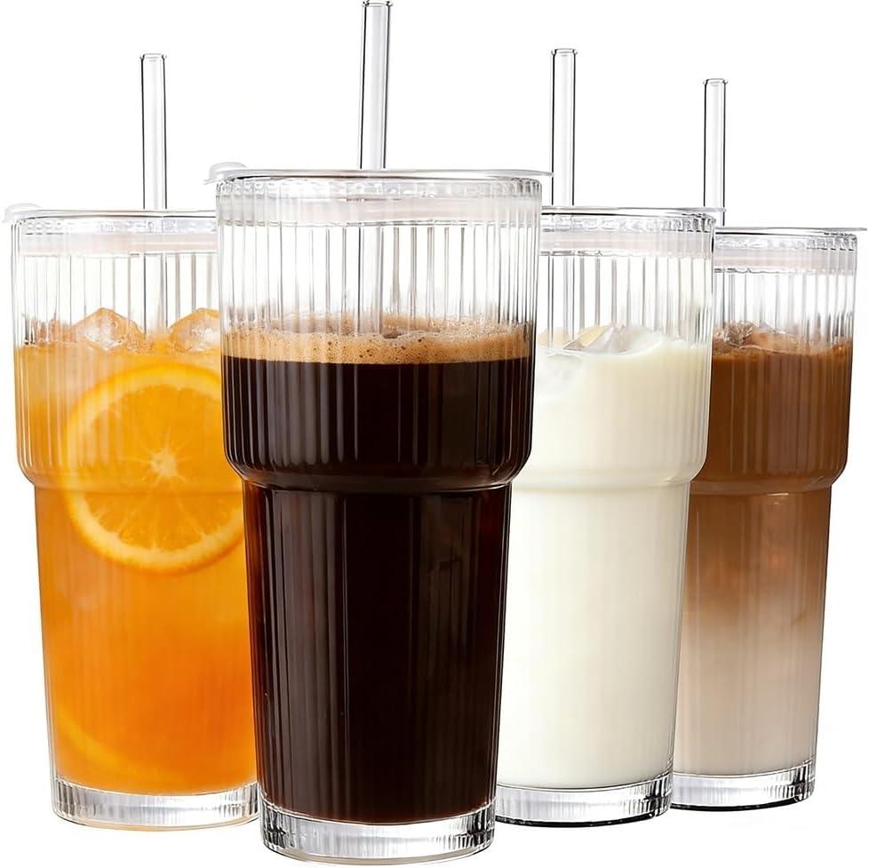 20oz Reusable Glass Cups Iced Coffee Glass Cups with Lids and Straws for Coffee, Tea, Juice, Smoothies, Hot/Cold Drinks at Home, Office Tumblers, 4 Pack