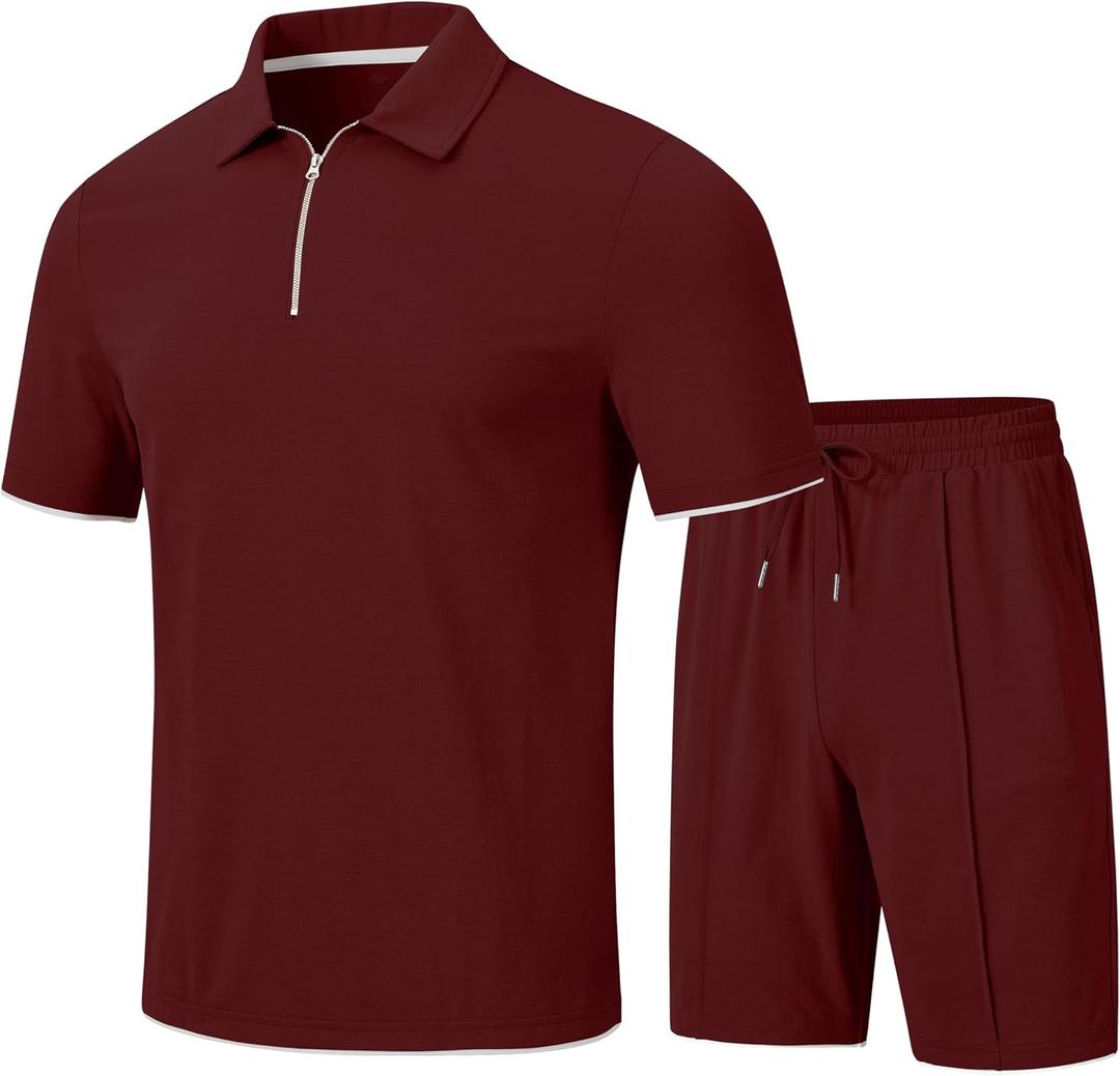 MoFiz Mens Tracksuits Sets Shorts Quarter Zip Polo Shirts Bottom Shorts Outfits Sport Suits Casual Walking Sets Comfy (Red, XL)