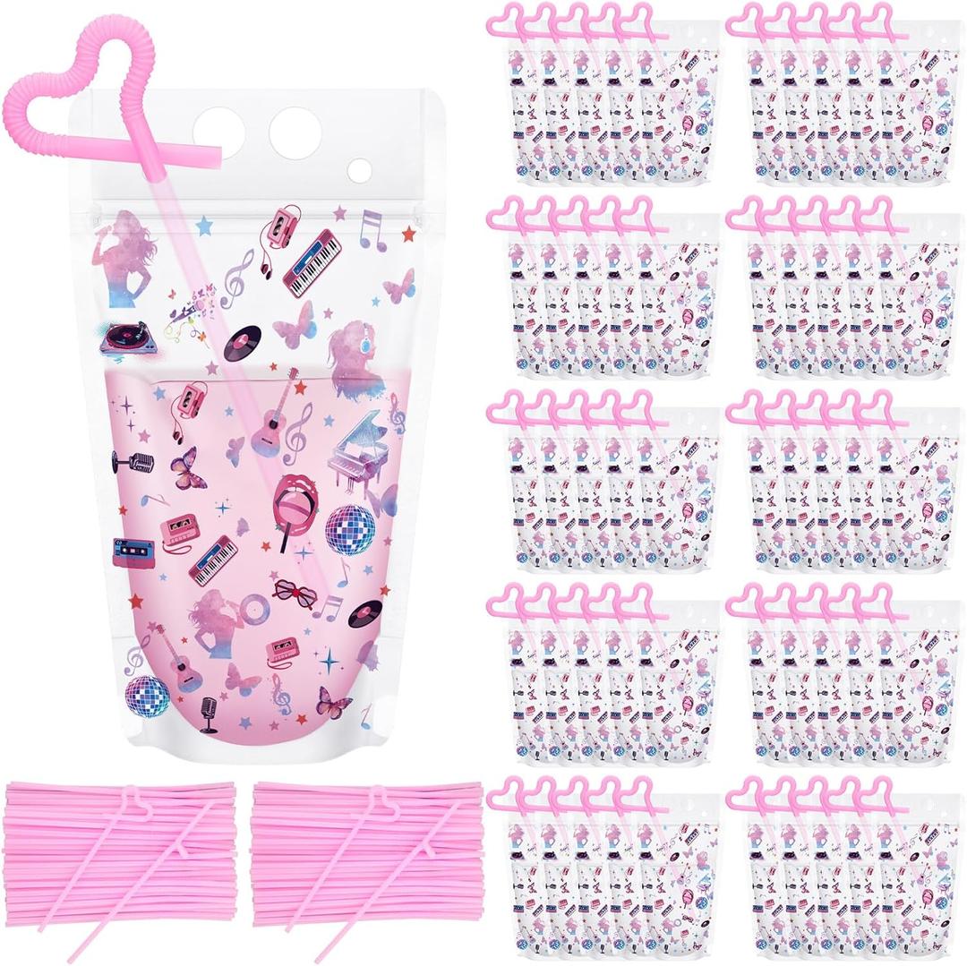 50 Pcs Party Clear Drink Pouches with Straws Popular Music Theme Zipper Bags Favors Decorations for Themed Disco Party Graduations, Weddings Bridal Baby Shower