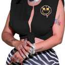 Avanova Women Smile Facey Tie Front Crop Tops V Neck Tank Tops Sleeveless Shirts Black Smile Medium (Black, M)