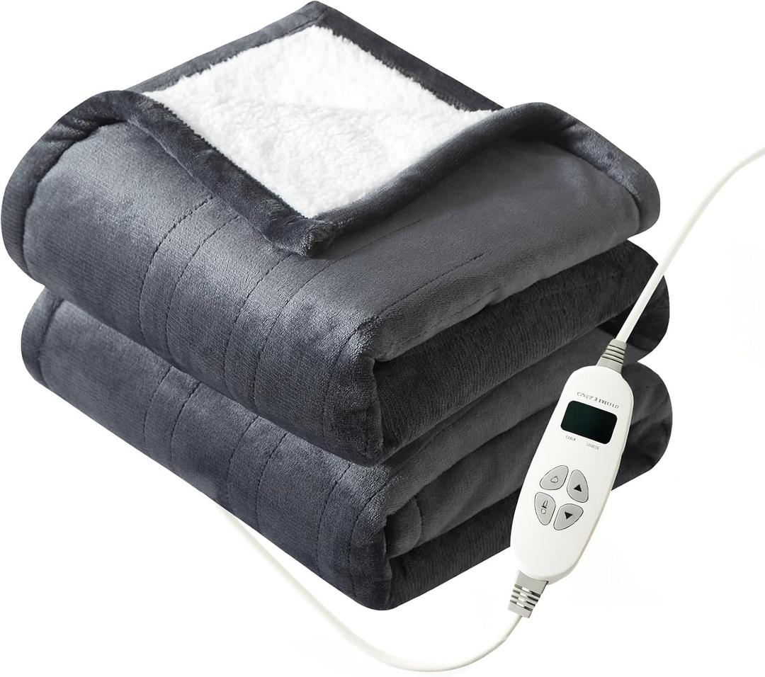 Quilted Electric Heated Blanket 50"x 60" Anti-Wire Shift | 10 Heat Levels & 1-9 Hour Timer | ETL Certified, Overheat Protection | Removable Controller, Flannel & Sherpa