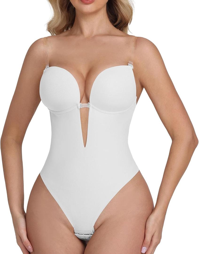 SHAPSHE Backless Shapewear Strapless Deep V Bodysuit for Women Tummy Control Built In Bra Low Back Body Shaper (Small, White)