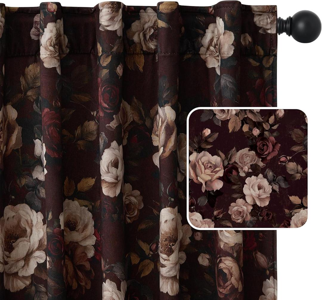 StangH Rust Red Printed Velvet Curtains for Nursery, Super Soft Luxury Floral Patterned Drapes Thermal Insulated Floor to Ceiling Decorative Panels for Bedroom, W52 x L102, 2 Panels (Flower on Rust)