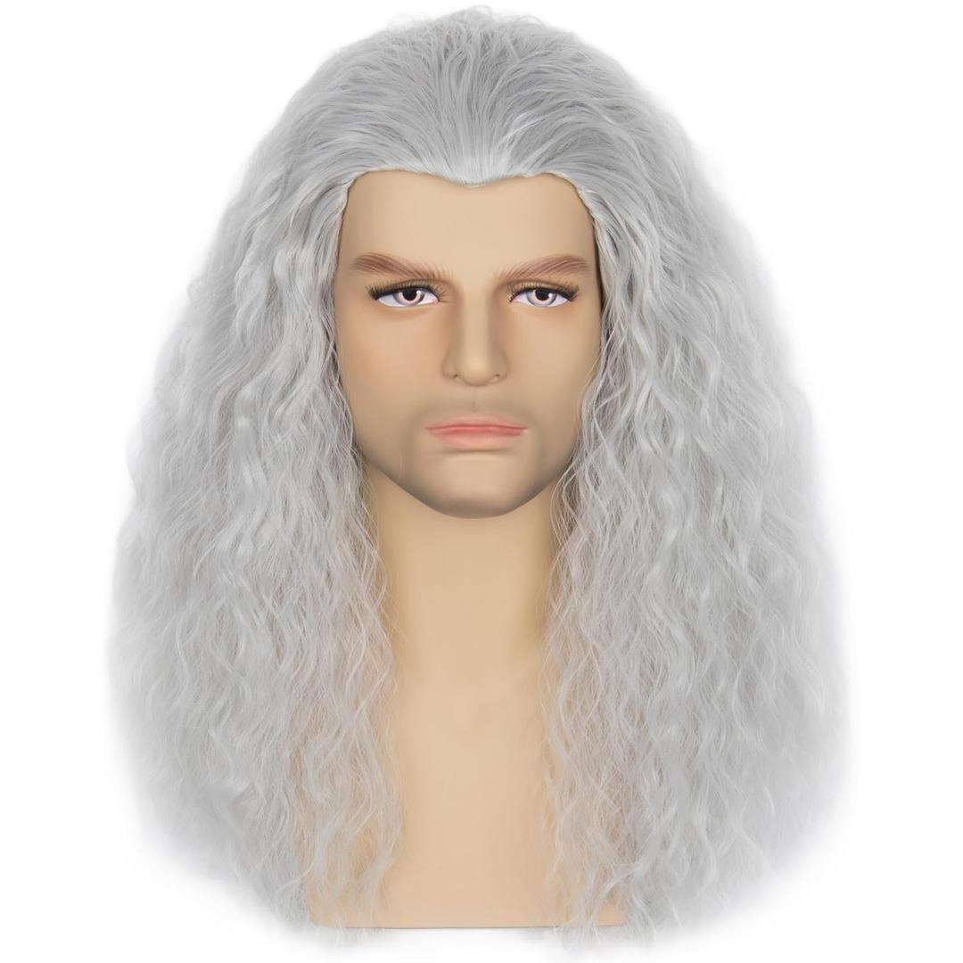 Cosela Witch Wig for Women Men Long Curly Silver Grey Old Lady Costume Wig for Halloween