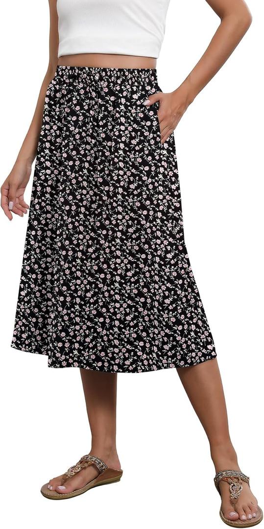 Witsmile Women's Boho Floral Printed Skirt Elastic High Waisted Summer/ Fall Flowy Skirt for Women(FP Black Pink, XL)