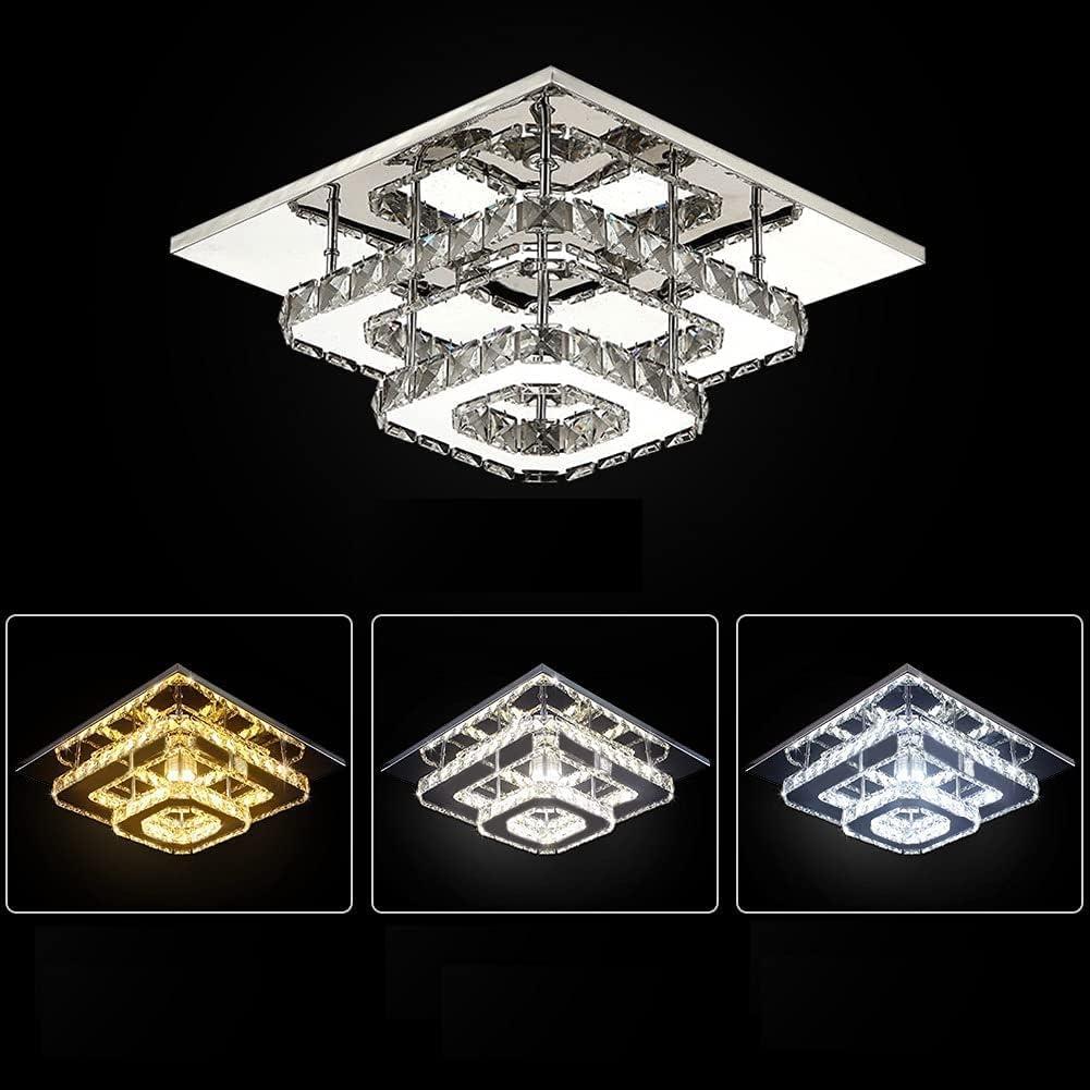 Finktonglan Crystal LED Ceiling Light Stainless Steel Modern Flush Mount Lights Fixture Square Chandelier Ceiling Lamp for Dining Room Living Room Bedroom (Multi-Color)