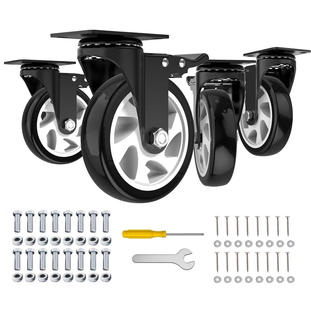 5 Inch Swivel Caster Wheels,Set of 4 Heavy Duty,Black Industrial Casters with Brake, Locking Casters for Furniture and Workbench for Cart,Top Plate Swivel Wheels and Load 2400lbs(Screws and a Spanner)