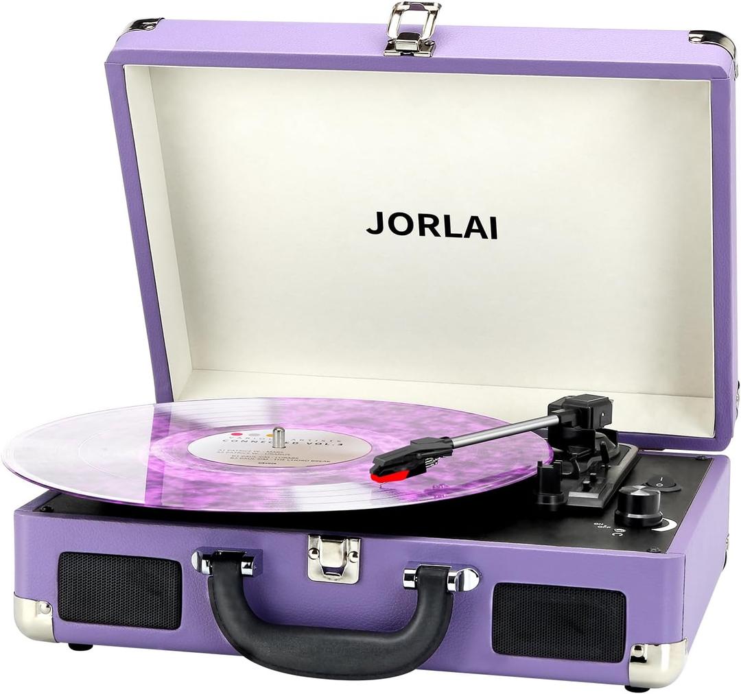 Record Player 3 Speed Vinyl with Bluetooth Vintage Turntable Built in Battery Portable Suitcase Support Aux in RCA Line Out Headphone Jack Purple