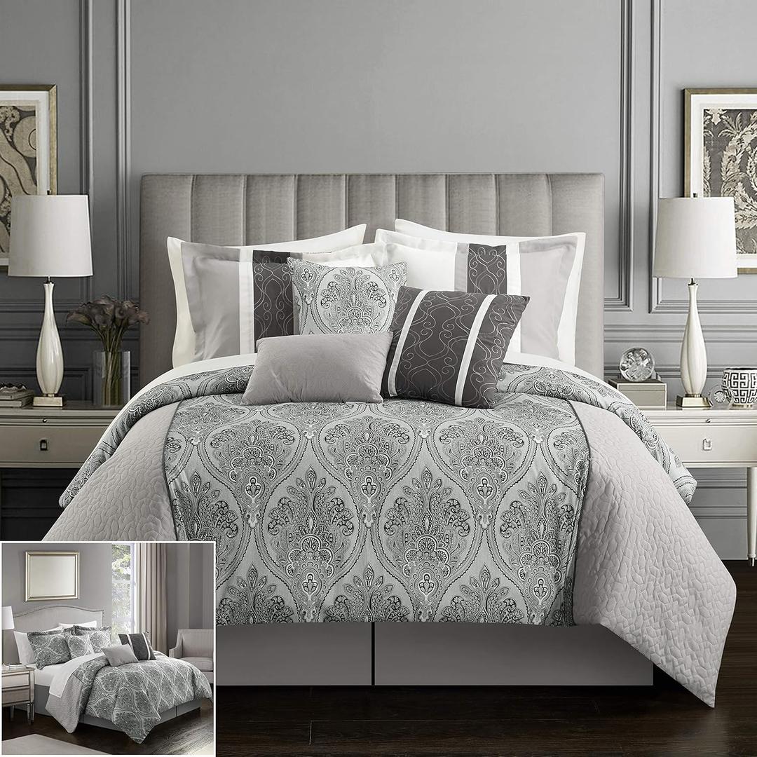 Chic Home 7 Piece Comforter Set Reversible Two-Tone Damask Pattern Geometric Quilting Bed Skirt Decorative Pillows Shams Included, Microfiber, Grey, Queen
