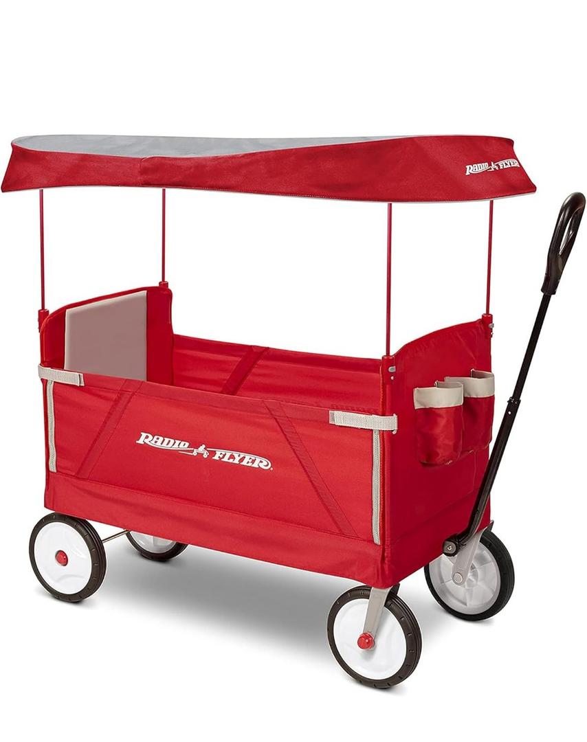Radio Flyer 3-in-1 EZ Fold Wagon with Canopy, for Kids 1.5+, UV Shade, One-Hand Flat Fold, Seats 2 or Converts to Bench, DuraClean Fabric, Rubber Tires, 150 lb Capacity, Wagon for Kids or Cargo